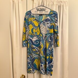 kuny yellow blue paisley tunic midi dress beach/pool cover up